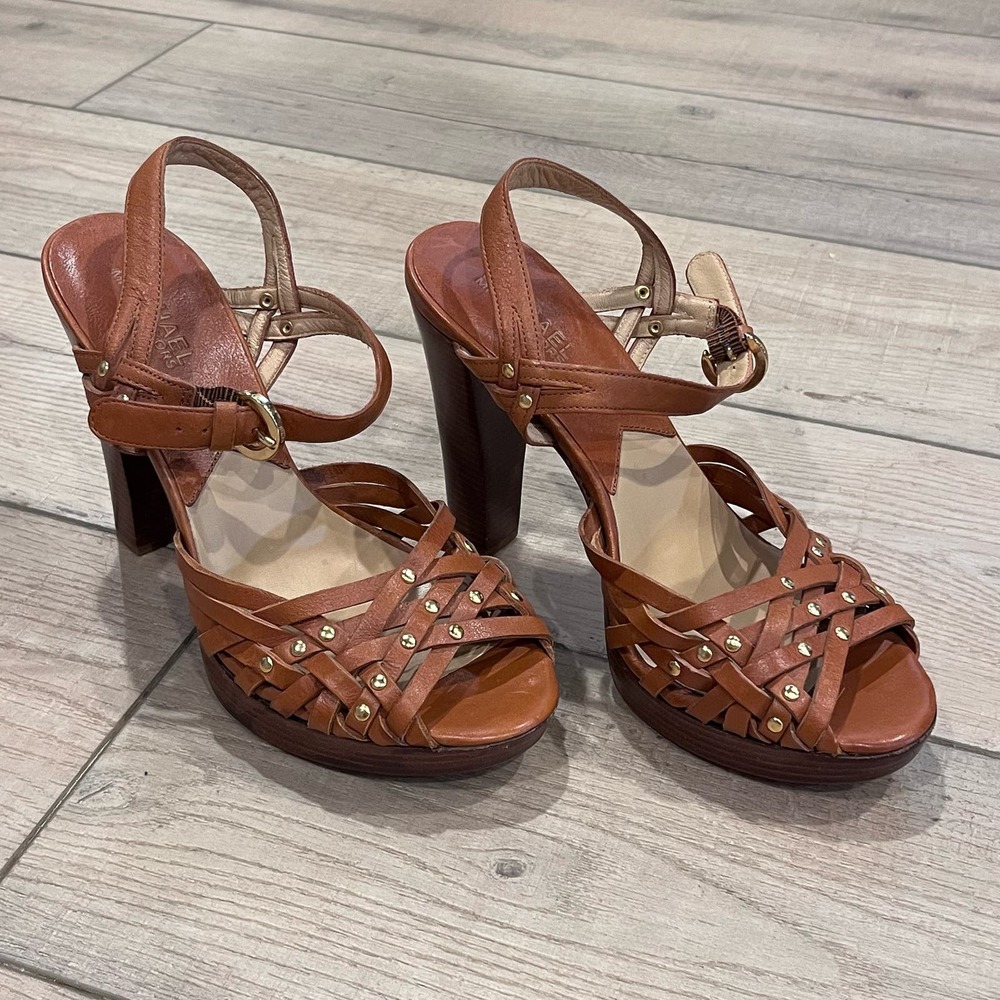 MICHAEL KORS Women's Sandals Shoes Platform Strappy Caramel Size 8